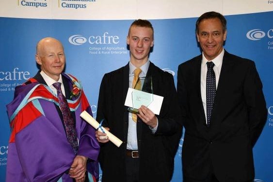 Alex Millar (Antrim) received the Department of Agriculture, Environment and Rural Affairs Prize awarded to the top Level 2 Technical Certificate in Agriculture student. Congratulating Alex are Dr Eric Long (Head of Education, CAFRE) and Cormac McKervey (Head of Agriculture, Ulster Bank and Guest Speaker).