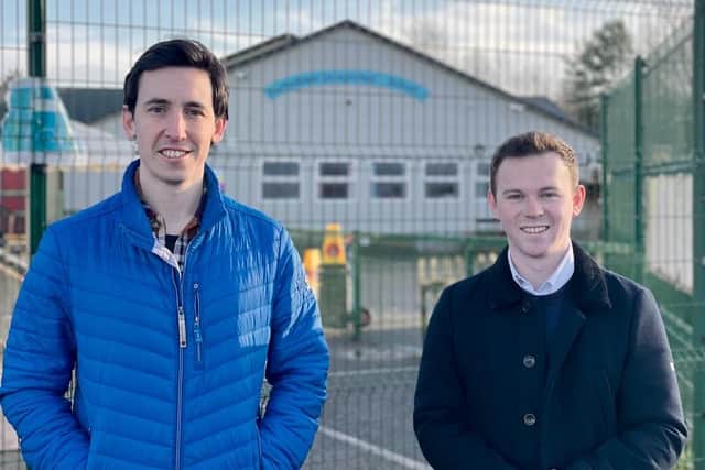 Alliance Councillor Robbie Alexander and Alliance MLA Eóin Tennyson outside Portadown Integrated Primary School. Plans have been submitted to Armagh, Banbridge and Craigavon Council for a new build near Mandeville Manor, Craigavon, Co Armagh.