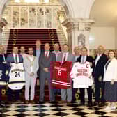Pictured at Belfast City Hall - Brittany Kane, Senior Associate Director of Athletics, Boston University; Martin McDowell, Chair, The Odyssey Trust; Robert Fitzpatrick, Chief Executive Officer, The Odyssey Trust; Ciaran Cullen, Deputy Athletic Director, Merrimack College; Zach Longo, Director of Hockey Operations, Harvard University; Councillor Micky Murray, Lord Mayor of Belfast; Steve Metcalf, Commissioner, Hockey East; James Applegate, US Consul General to Belfast; Ted Donato, Head Coach, Harvard University; Timothy Troville, Senior Associate Athletic Director, Harvard University; Steve Thornton, Group Head of Commercial and Hockey at The Odyssey Trust; Drew Marrochello, Athletic Director, Boston University, Paul McMahon, Chief Operating Officer, The Odyssey Trust; Sara Stanton, Owner and Managing Director, Cara Group Travel