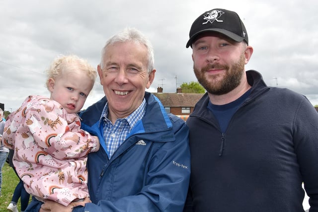 Three Generations: Penny Williamson (2) pictured with her granda, Ian and dad, Andrew at the Killicomaine fun day. PT18-250.