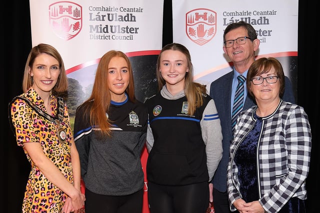 Anna McDaid and Sinead McGuigan of St. Colm’s Draperstown, who were chosen as EOS IT Solutions Ulster Schools’ Camogie All-Stars for 2022 to 2023. Also pictured are Council Chair, Councillor Corry and nominating councillors, Councillor McFlynn and Councillor Kearney.