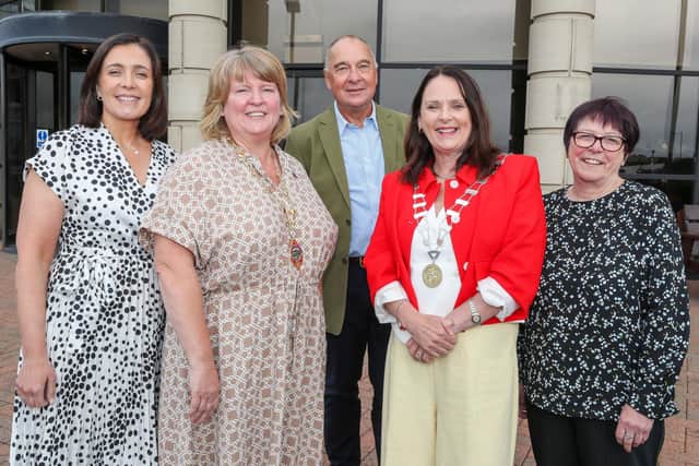 L to R Aine McLaughlin IDP; Deputy Mayor of Derry City and Strabane, Alderman Niree McMorris; IFI Board Member, Bill Pauley; Cathaoirleach of Donegal County Council, Niamh Kenendy and Adree Wallace, Breen centre.