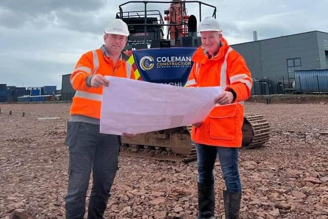 Viewing the plans for the Kilcronagh industrial estate, Cookstown, are Paddy Smyth – Site Foreman, Connal Kelly – Contracts Manager.