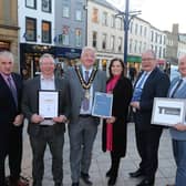 The Mayor congratulates Coleraine BID on a successful year, pictured with Julienne Elliott, Council’s Town and Village Manager, Maurice Bradley MLA and BID Board members Declan O'Malley, Ian Donaghey MBE (Chair), Jamie Hamill. Credit Causeway Coast and Glens Council