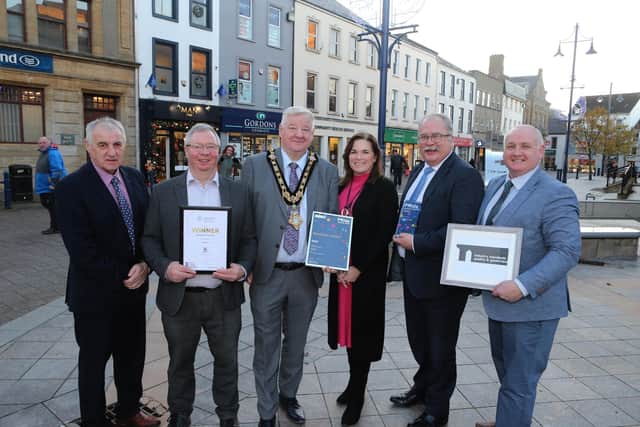 The Mayor congratulates Coleraine BID on a successful year, pictured with Julienne Elliott, Council’s Town and Village Manager, Maurice Bradley MLA and BID Board members Declan O'Malley, Ian Donaghey MBE (Chair), Jamie Hamill. Credit Causeway Coast and Glens Council