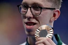 Bronze medalist Daniel Wiffen of Team Ireland poses following the swimming medal ceremony after the Men's 1500m Freestyle Final on day nine of the Olympic Games Paris 2024 at Paris La Defense Arena. Picture: Quinn Rooney/Getty Images.