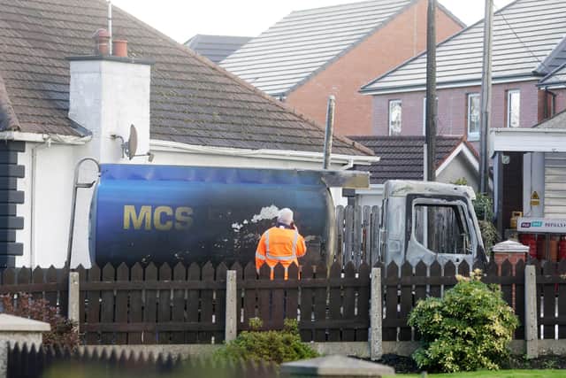 Press Eye - Belfast - Northern Ireland - 16th October 2026 The remains of an oil tanker on Mourneview Avenue in Lurgan which caught fire on Friday afternoon. Picture by Jonathan Porter/PressEye