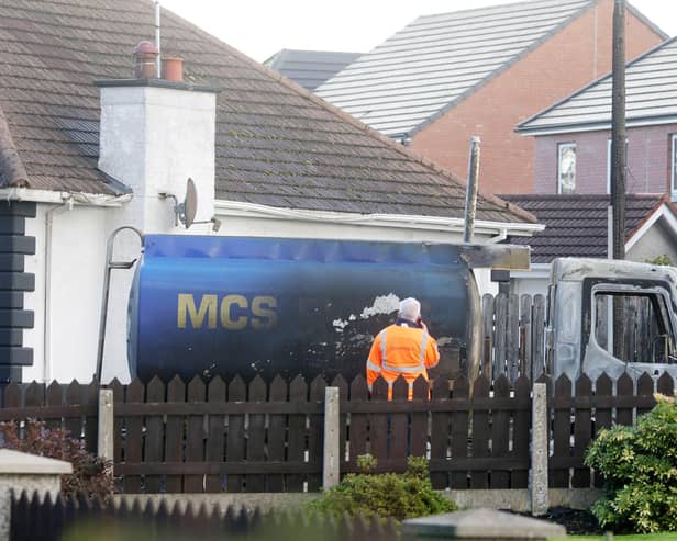 Press Eye - Belfast - Northern Ireland - 16th October 2026 The remains of an oil tanker on Mourneview Avenue in Lurgan which caught fire on Friday afternoon. Picture by Jonathan Porter/PressEye