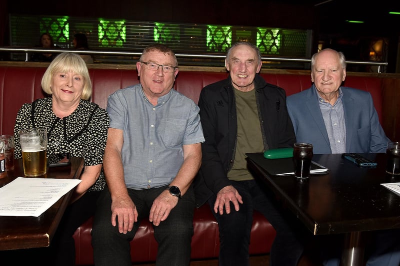 Pictured at the Lismore Comprehensive School 50-year reunion event at the Ashburn Hotel are from left, Fionnuala and Kevin McGibbon, and two former principals Eddie McAfee and Joe Corrigan. LM06-210.