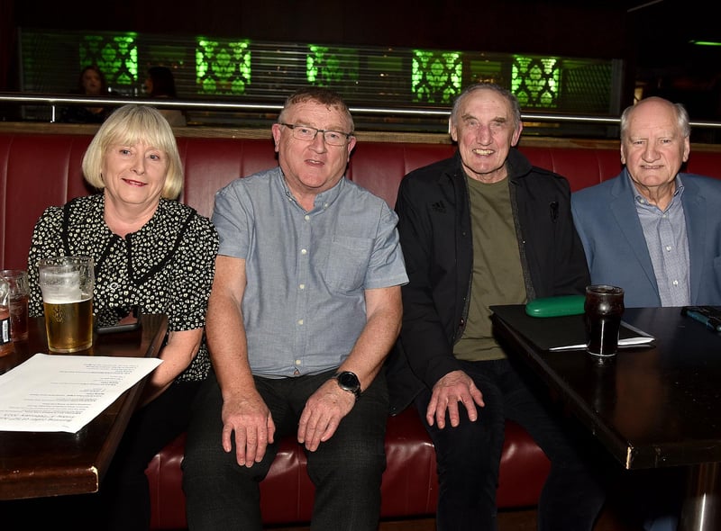 Pictured at the Lismore Comprehensive School 50-year reunion event at the Ashburn Hotel are from left, Fionnuala and Kevin McGibbon, and two former principals Eddie McAfee and Joe Corrigan. LM06-210.