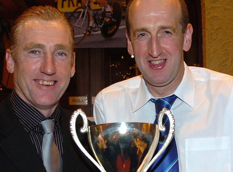 Winner of the Cooper Time Trial League Ernie Magwood receives his award from Sean Kelly at the RT Autoparts East Tyrone CC 60th anniversary presentation dinner.