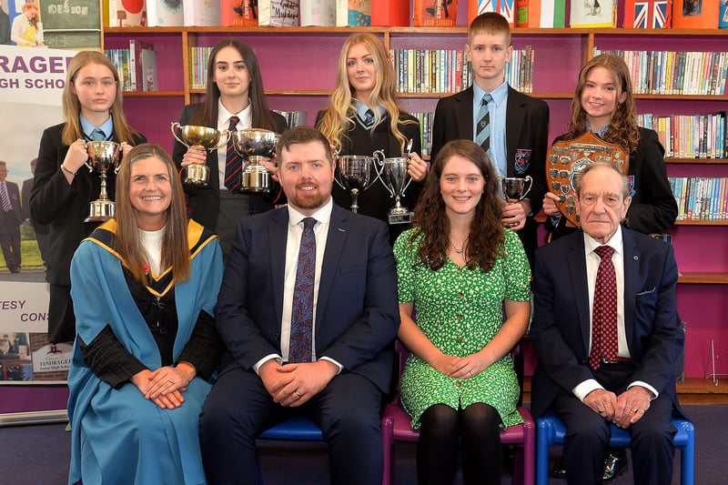Learning Area award winners at the Tandragee Junior High School prize day pictured with members of the platform party. PT44-202.