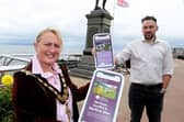 Mayor of Causeway Coast and Glens Borough Council, Councillor Dawn Huggins with Nick Bingham, ICT Digital Analyst from Causeway Coast and Glens Borough Council who devised the website.