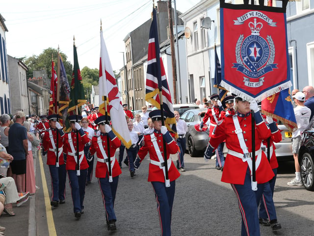 Ballymoney, Rasharkin, Cloughmills, Bushmills and Ballycastle were in attendance at the Twelfth demonstration in Ballymoney with a total of 43 Lodges and 22 bands.
