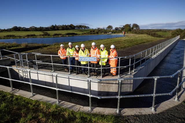 The project team at Dunalis Reservoir (from left) David Bell AECOM, James McGrath BSG, Kelly Thomas AECOM, Andrew Stewart NI Water, Alan Lavery AECOM, Mark Richardson NI Water, and Colum O’Hare AECOM.