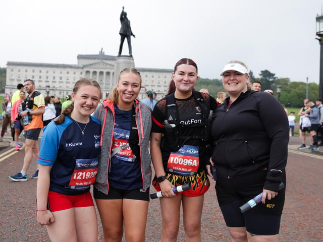 Katie Hilditch, Brogan David, Caitlin Reid and Elizabeth Carmichael at the Phoenix Energy Belfast City Marathon leaving the grounds of the Stormont Estate.