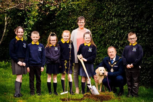 Ald Stephen Ross pictured with pupils from Abbots Cross Primary School, Principal Mrs Griffith and their new therapy dog.