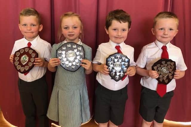 Proud as punch: Pictured are prize-winners Joshua Megaw, Emma Arnold, Ben Parker and Cameron Dornan who were in P1 at Donacloney Primary School near Lurgan, Co Armagh.