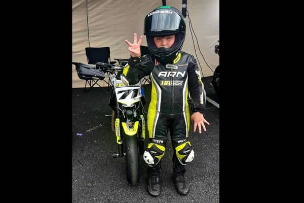Larne and Inver PS pupil Jake Todd (7) is in his second year of competing in the Irish Minibike Championship's BamBam 90cc class.  Photo: Julie Henderson Todd