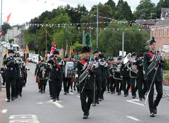 The Regimental Band of the Royal Irish Regiment, lead the parade to Banbridge War Memorial, for the Unveiling and Service of Re-dedication. © Photo: Gary Gardiner. C2327520