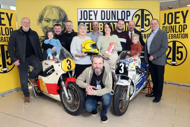 Members of Joey Dunlop's family and former racing rivals pictured in Ballymoney today at the launch of the celebration 'Joey 25' Day which will be held in Ballymoney on Saturday, May 24. Included are Joey's wife Linda, his son Gary, daughter Joanne and husband, Michael plus two of his grandchildren, Remy and Hudson. Also present were former road racers Michael Swann, Bruce Anstey and Phillip McCallen alongside Causeway Coast and Glens Council's Councillor John McAuley, Stephen McMaw and compere, Stephen Watson.