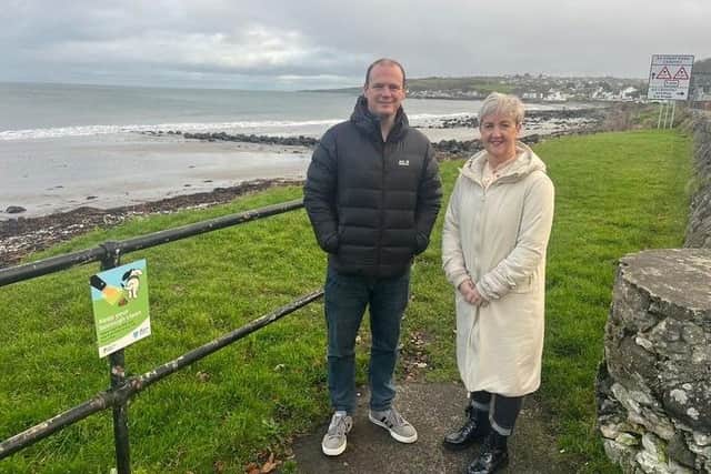 East Antrim MLA Gordon Lyons and Councillor Angela Smyth at Drains Bay. Photo submitted by DUP