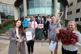 Pictured (l – r) front row is Sarah Welsh, Lisa Marie Denton, Andrew Stevenson and Joanne Aveston. Also pictured is Alderman Owen Gawith, Chairman of Corporate Services, Dominic McGeown, HR Project Officer and David Burns, Chief Executive, Lisburn & Castlereagh City Council. Pic credit: LCCC