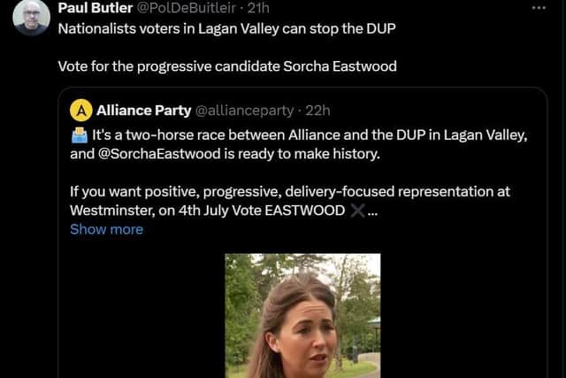 Convicted police killer Paul Butler, a former Sinn Fein MLA, has endorsed the Alliance Party's Sorcha Eastwood in the General Election.