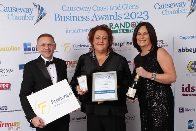 SOCIAL IMPACT AWARD goes to Janet Schofield of Compass Advocacy Network presented by sponsor Clive Edgar of Fuelwise  and Jayne Taggart CEO of Enterprise Causeway at the Causeway Chamber of Commerce Awards 2023 ceremony in partnership with Randox Health held at the Lodge Hotel.    2