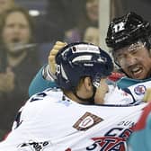 Ray Sawada of the Belfast Giants fights Brad Plumpton of the Dundee Stars during 7-1 win in the Elite League game at the Odyssey Arena, Belfast in 2014. Picture: Michael Cooper