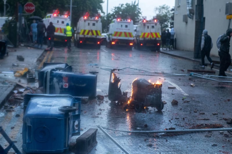 The scene in Portadown on Thursday night during protests and sporadic riotng in the West Street and Jervis Street areas.