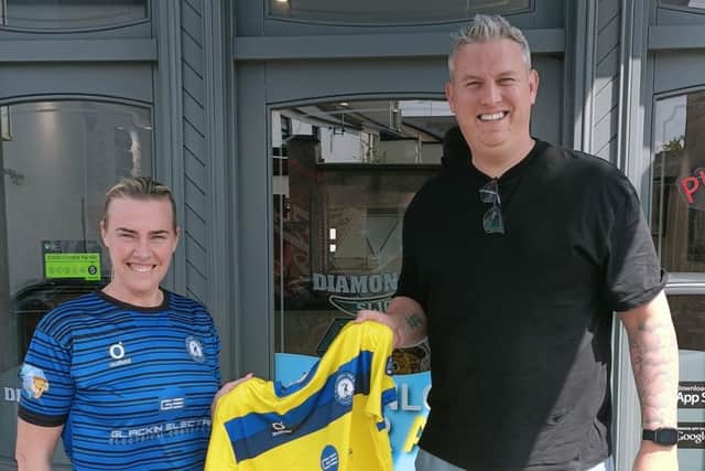 Lorraine Diamond of Diamond Slice in Bellaghy is one of the new team's sponsors, pictured with Ryan Campbell | Supplied