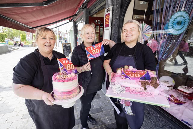 Jeffers Bakery staff with themed cakes for the tea dance in Market Square Lisburn.