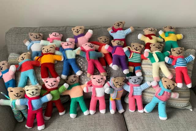 Just some of the trauma teddies created by 90 year old knitter Jean Brown. Pic credit: SEHSCT