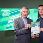 The regional winners of the 'Wes Gregg Coach of the Year' included Ricky McMullan (Bushmills United) who is pictured with Pat Jennings.