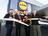 Pictured at the official opening are L-R: Tomas Fusek, Lidl Coleraine Store Manager; Mayor of Causeway Coast and Glens, Cllr Ciarán McQuillan; Andrew Trimble; Ivan Ryan, Regional Managing Director, Lidl Northern Ireland. CREDIT CONSELLO PR