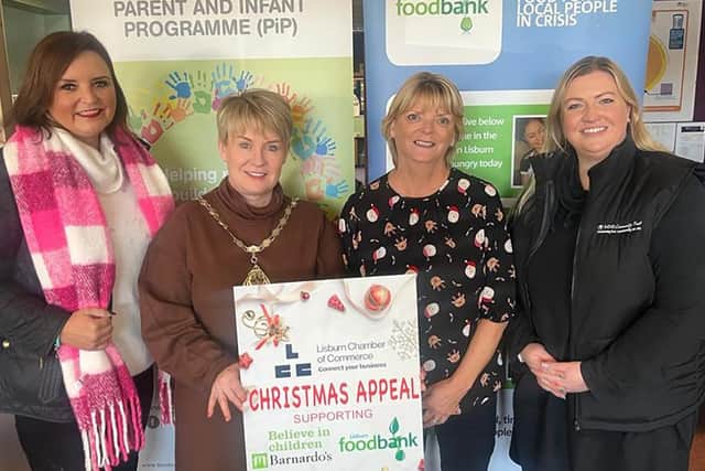 Pictured at the launch of the Lisburn Chamber Christmas Appeal are (L-R) Denise Watson, Chamber Ambassador, Dr Katrina Collins, Chamber President, Roberta Marshall, Barnardo’s NI and Lynsey Agnew, Lisburn Food Bank. Pic credit: Lisburn Chamber of Commerce