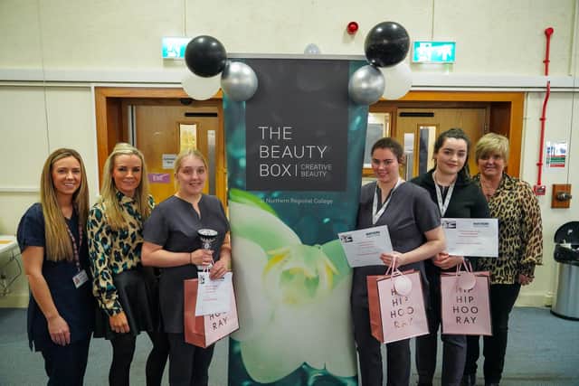 Northern Regional College students who were successful in the College’s inter-campus WorldSkills competition with competition judge and lecturers, from L-R, the photograph includes Marlene Robinson, judge; Sharon Eatwell,  Curriculum Area Manager for Hair and Beauty (Magherafelt campus); Leah Hanna, 1st (Trostan Avenue); Anna Riberio  2nd (Newtownabbey); Erica Cartmell 3rd Ballymoney and Rosemary Finlay Curriculum Area Manager for Hair and Beauty (Trostan Ave). All three students are doing a NVQ Level 3 course at the College’s Trostan Ave campus in Ballymena.