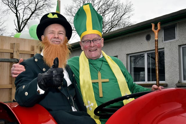 St Patrick, AKA Pat Christie and the Juggling Lephrahaun, Paul McAtarsney arrived at the Darrymacash St Pat's Fun Day on a tractor. LM12-230.