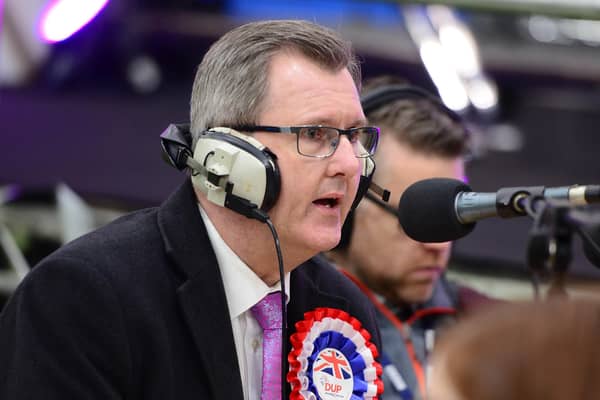 Sir Jeffrey Donaldson pictured at the count centre in Meadowbank Sports Arena, Magherafelt, as he held his Lagan Valley seat in the 2019 general election