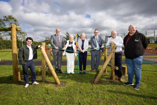 Pictured at the new Drumbo Trim Trail are (l-r): Councillor Kurtis Dickson; Councillor Uel Mackin; Hazel Thompson, Drumbo & District Community Development Group; Louise Moore, Director of Communities and Wellbeing at Lisburn & Castlereagh City Council; Chris Taylor, Head of UKSPF Northern Ireland; Councillor Andrew Gowan and Ian Patterson, Poundbridge & District Community Association