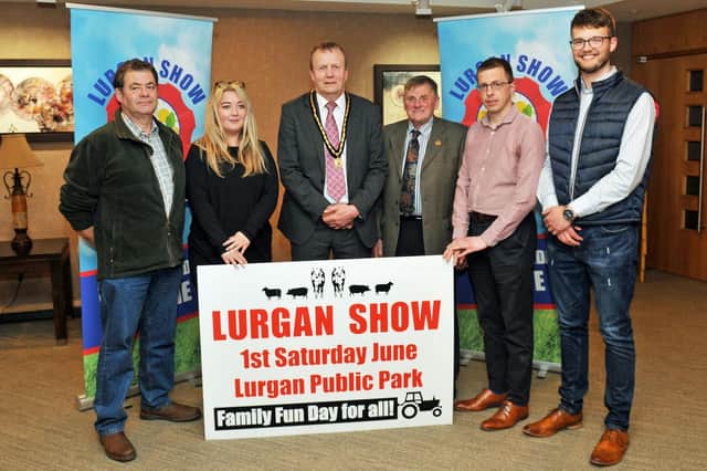 Deputy Lord Mayor of Armagh City, Banbridge and Craigavon, Councillor Tim McClelland and Show President William Gibson with Pygmy Goat section members, Jan McAuley, Jessica Magee, John Harrison, secretary and vice chair and Nathan Hylands.