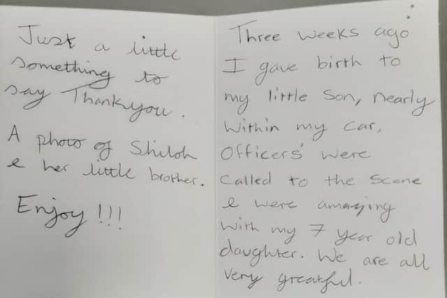 The note of thanks sent to police by the young mother.
