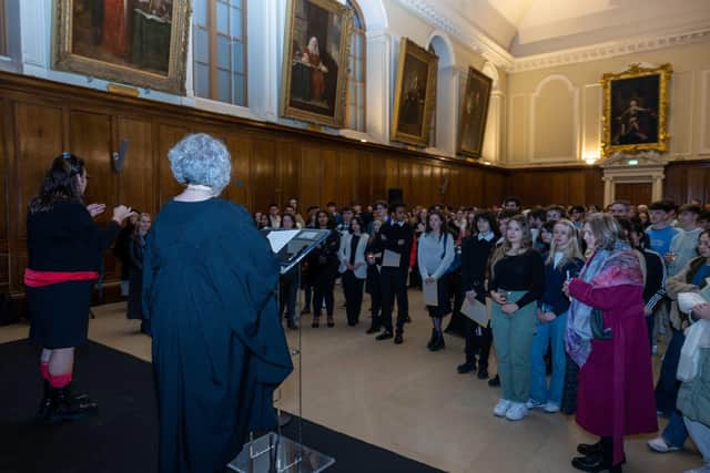 Pictured is Trinity's Provost Dr Linda Doyle addressing Entrance Exhibition students and principals in the Public Theatre