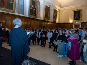 Pictured is Trinity's Provost Dr Linda Doyle addressing Entrance Exhibition students and principals in the Public Theatre