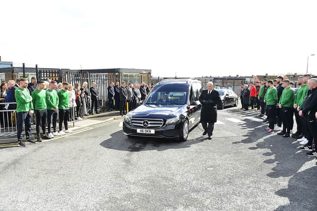 Mourners pay their respects at the funeral of footballer Aodhán Gillen in Glengormley on Easter Monday. Picture: Arthur Allison/Pacemaker.
