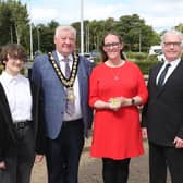 Mayor of Causeway Coast and Glens, Councillor Steven Callaghan with gold medal winning judo player Collette Kerr, her daughter Evelyn, coach Paul Loan, and Jonathan Adams of the Royal National Institute of Blind People (RNIB). Credit Causeway Coast and Glens Borough Council