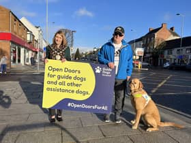 Council Chairperson Cllr Cora Corry and Gary with Golden Retriever and Labrador cross Buster support Guide Dogs NI’s Open Doors Campaign.