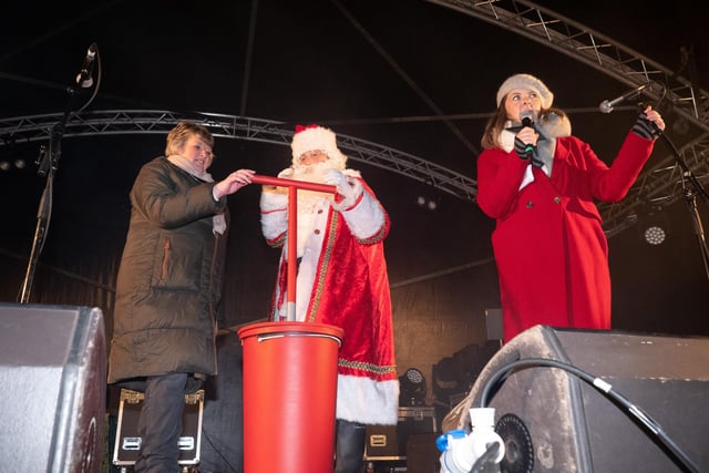 Deputy Chair of the Council, Councillor Frances Burton is pictured with Santa, Lynette Fay and some special guests at the Dungannon Christmas Lights Switch On event.