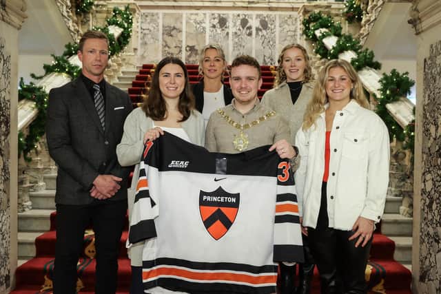 Princeton University Women’s Ice Hockey Team present Lord Mayor of Belfast Councillor Ryan Murphy with a team jersey. Picture: William Cherry, Press Eye